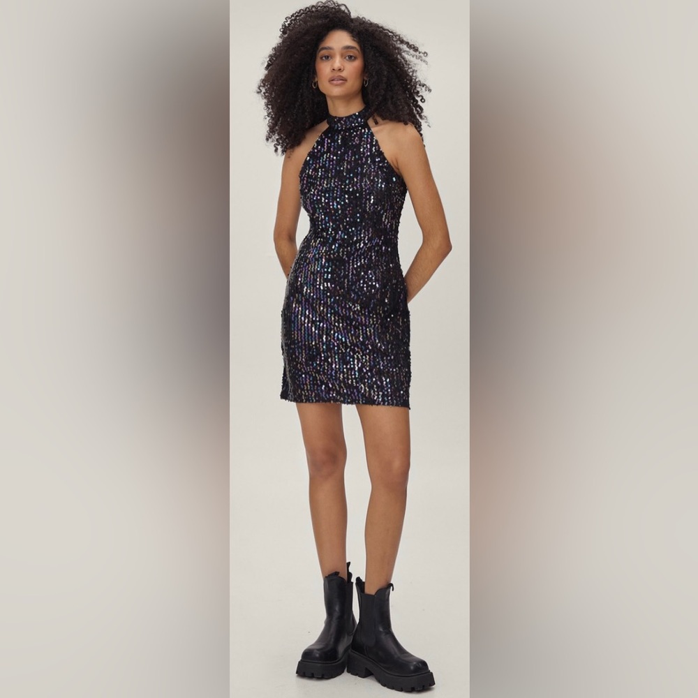 NWT Nasty Gal High Neck Halter Mini Shift  Dress in Black w Mini Silver Sequins